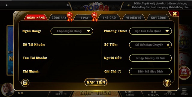 Nạp tiền tại TOP88 đơn giản với nhiều phương thức khác nhau Nạp tiền tại TOP88 đơn giản với nhiều phương thức khác nhau